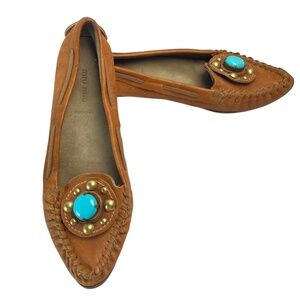 Miu Miu Designer Turquoise Stone Leather Pointy Moccasins Loafers in Tan Size 39
